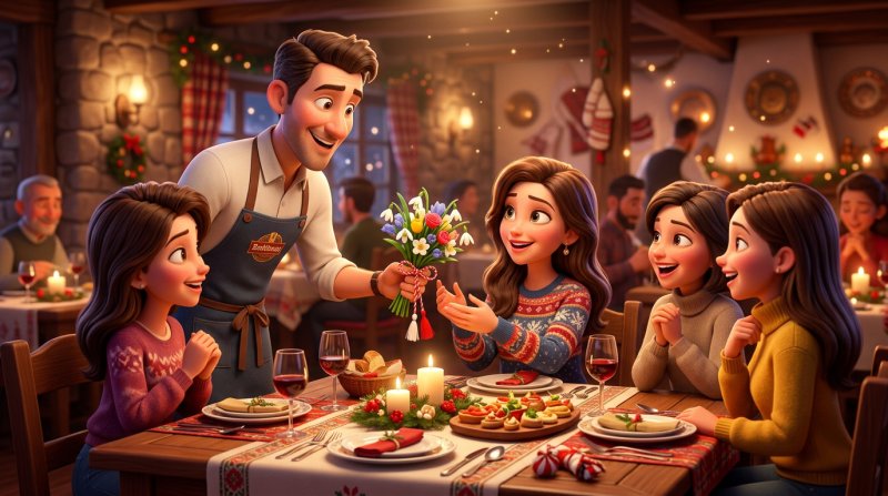 Ospătar care oferă flori și un mărțișor unei cliente la o masă festivă, sub privirile amuzate ale prietenelor ei