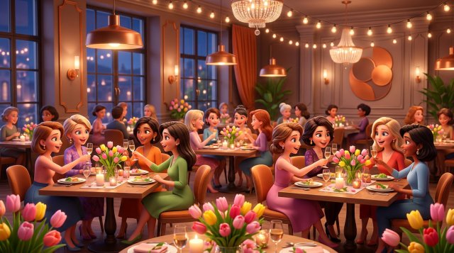 Sală de restaurant festivă plină de grupuri de femei care sărbătoresc la mese decorate cu lalele