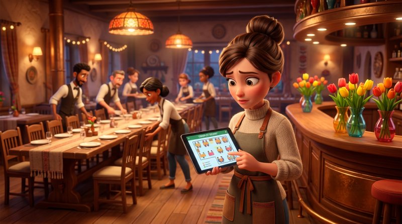 Restauratoare care verifică pe tabletă planul unei săli complet rezervate, în timp ce echipa aranjează mesele pentru grupuri