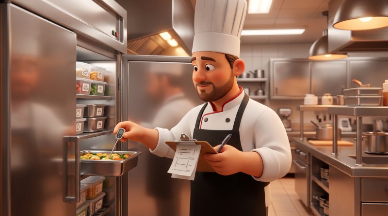 Chefe de cozinha a registar a temperatura de um frigorífico profissional numa prancheta, numa cozinha em inox com recipientes etiquetados