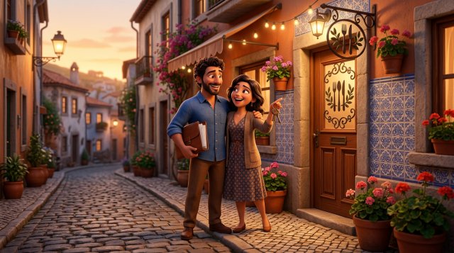 Casal de futuros restauradores com as chaves e a pasta de documentos à porta do seu novo restaurante numa rua portuguesa com fachada de azulejos