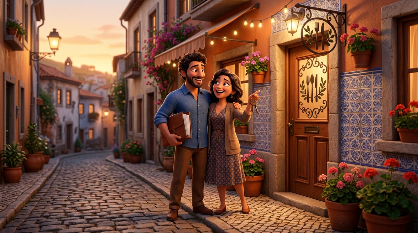 Casal de futuros restauradores com as chaves e a pasta de documentos à porta do seu novo restaurante numa rua portuguesa com fachada de azulejos