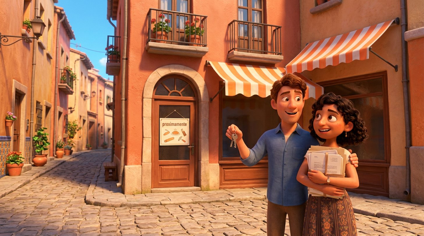 Pareja de futuros restauradores con las llaves y la carpeta de documentos delante de la fachada de su nuevo restaurante en una calle española