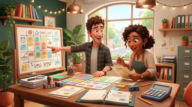 Gestor y restauradora revisando un tablero de planificación con documentos y calculadora en un despacho