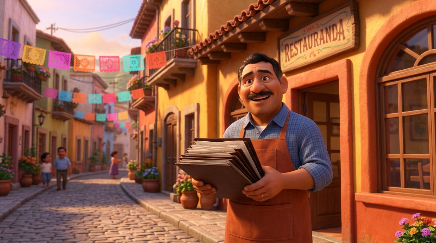 Restaurador mexicano orgulloso con una carpeta de permisos frente a su restaurante recién renovado en una calle colorida