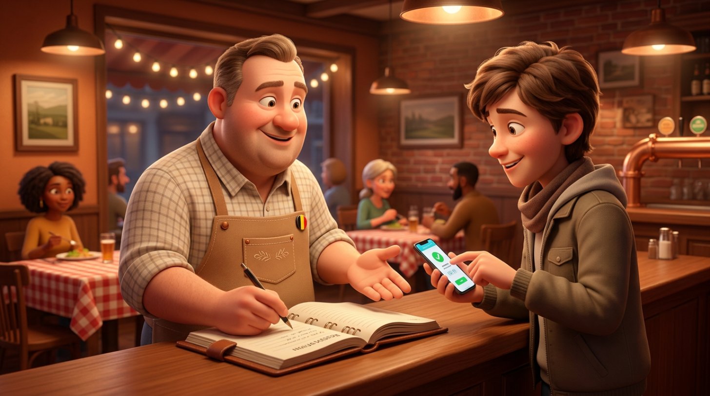 Illustration d'un client qui règle un petit acompte sur son GSM pendant qu'un restaurateur belge souriant confirme la réservation dans son agenda