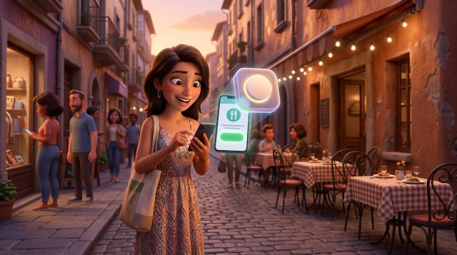Clienta sonriente reservando mesa de restaurante desde su teléfono en una calle animada, con un botón de reserva luminoso flotando sobre la pantalla