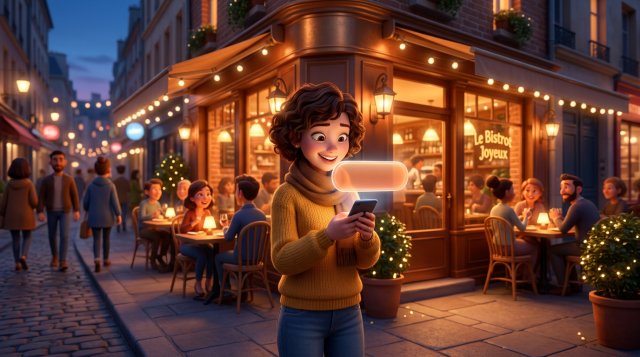Client souriant réservant une table de restaurant depuis son smartphone dans la rue, un bouton lumineux flottant au-dessus de l'écran
