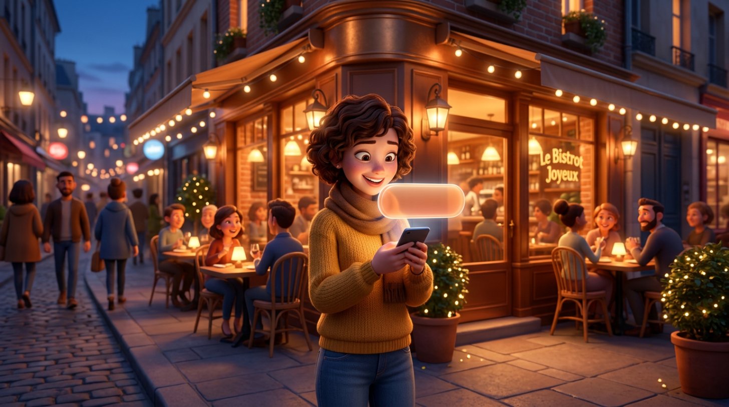 Client souriant réservant une table de restaurant depuis son smartphone dans la rue, un bouton lumineux flottant au-dessus de l'écran