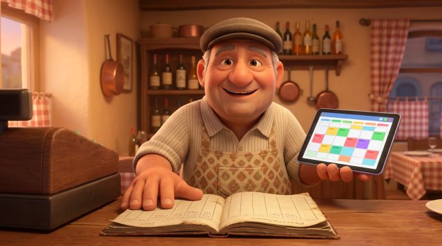 Ristoratore sorridente al banco dell'ingresso con una mano sul vecchio quaderno delle prenotazioni e l'altra su un tablet che mostra il planning digitale della sala