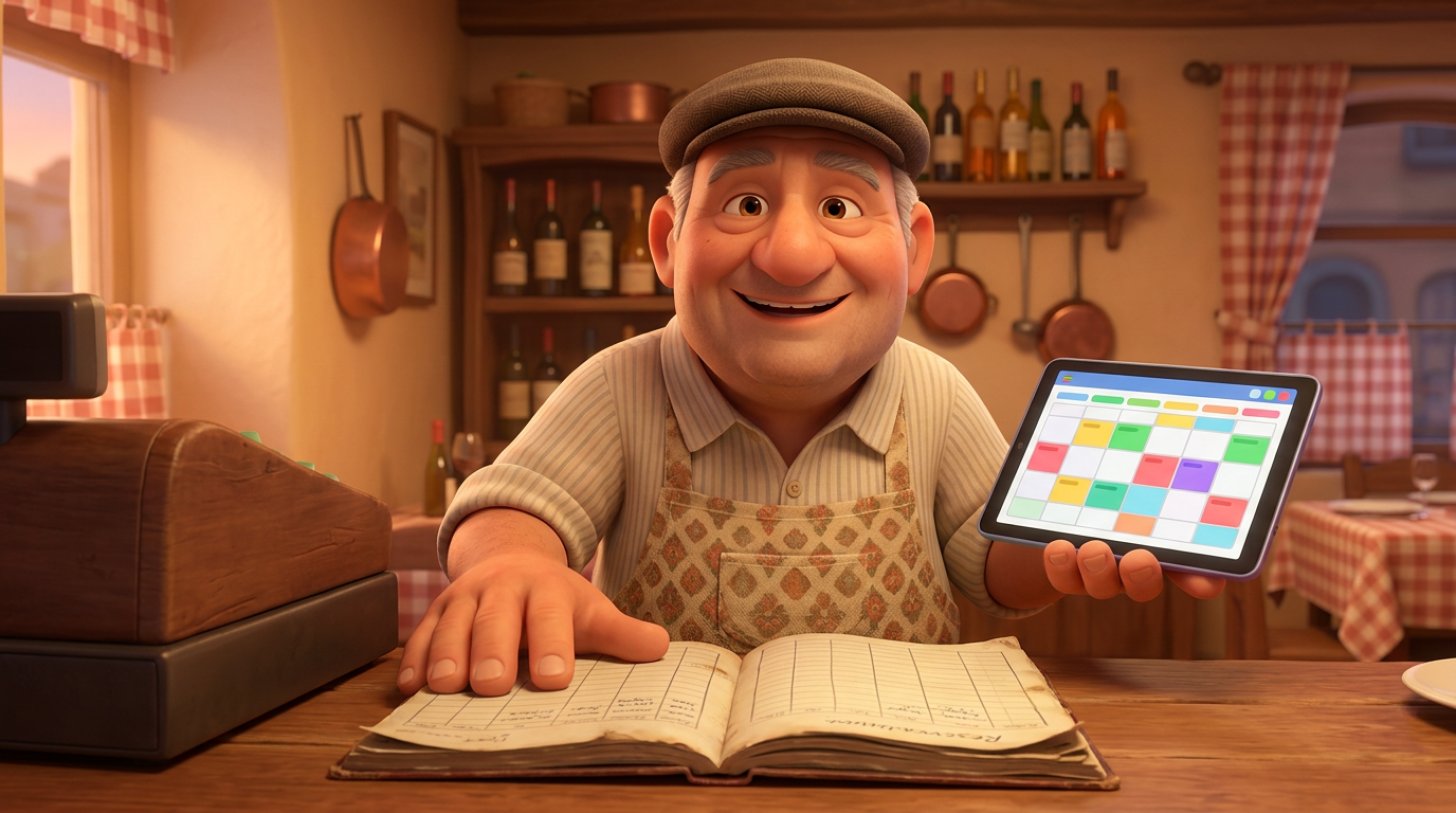 Ristoratore sorridente al banco dell'ingresso con una mano sul vecchio quaderno delle prenotazioni e l'altra su un tablet che mostra il planning digitale della sala