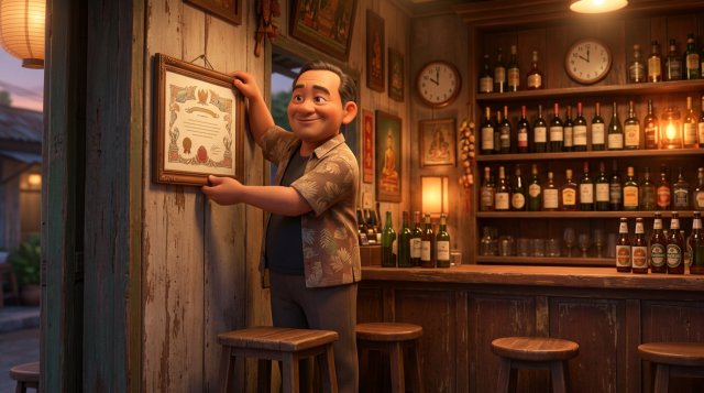 เจ้าของร้านอาหารไทยกำลังแขวนกรอบใบอนุญาตบนผนังหน้าเคาน์เตอร์บาร์ที่มีชั้นวางขวดไวน์และเบียร์