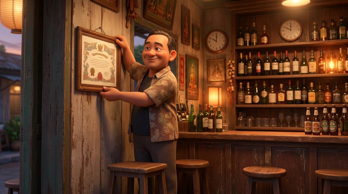 เจ้าของร้านอาหารไทยกำลังแขวนกรอบใบอนุญาตบนผนังหน้าเคาน์เตอร์บาร์ที่มีชั้นวางขวดไวน์และเบียร์
