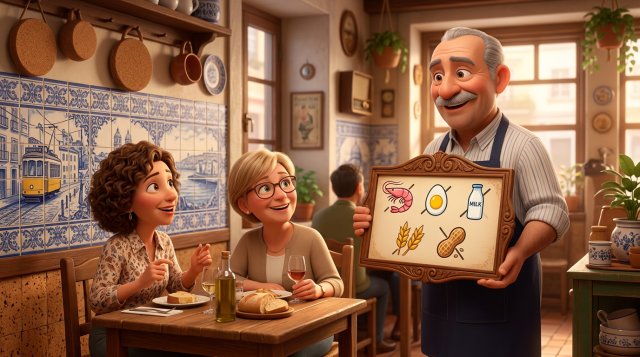 Ilustração de um empregado de mesa a mostrar a duas clientes o painel de alergénios de um restaurante português, com pictogramas de alimentos