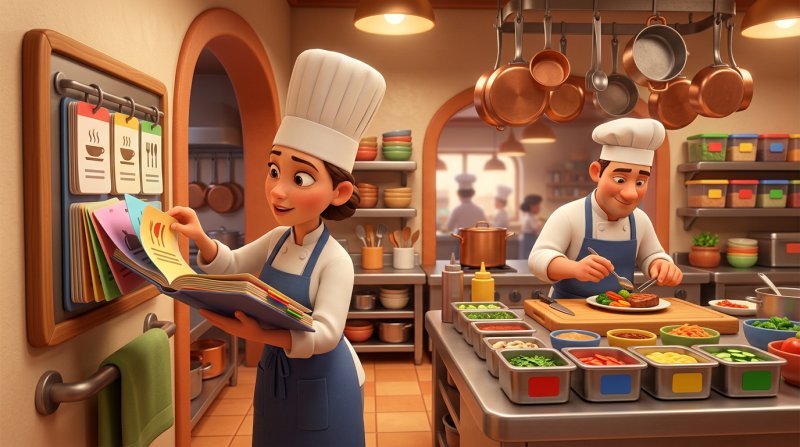 Cocinera consultando la carpeta de fichas técnicas en una cocina profesional mientras un compañero prepara un plato en una zona separada