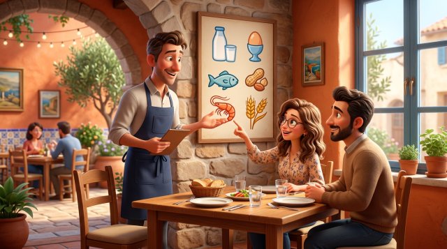 Ilustración de un camarero mostrando a dos clientes el cartel de alérgenos de un restaurante con pictogramas de alimentos