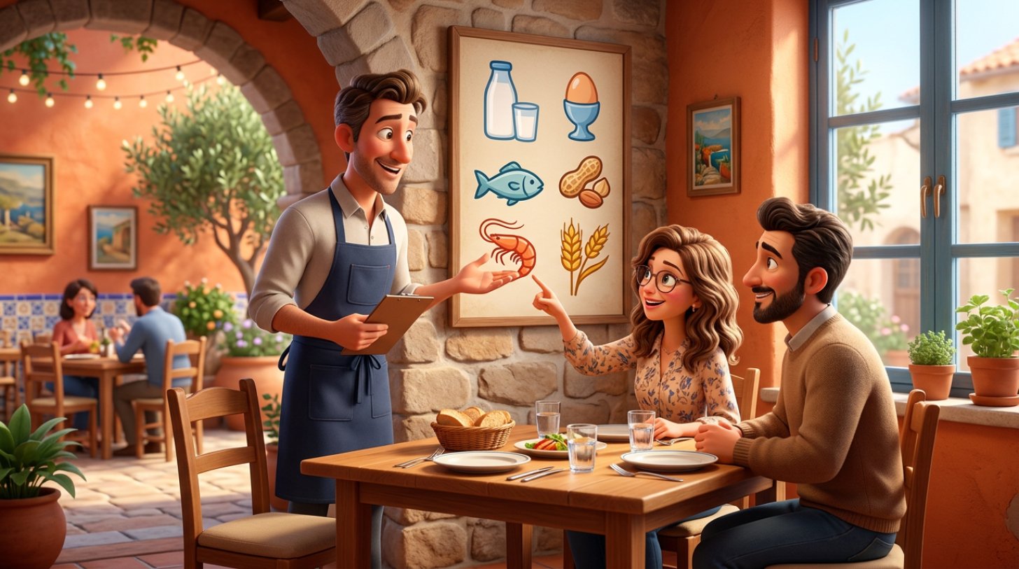 Ilustración de un camarero mostrando a dos clientes el cartel de alérgenos de un restaurante con pictogramas de alimentos