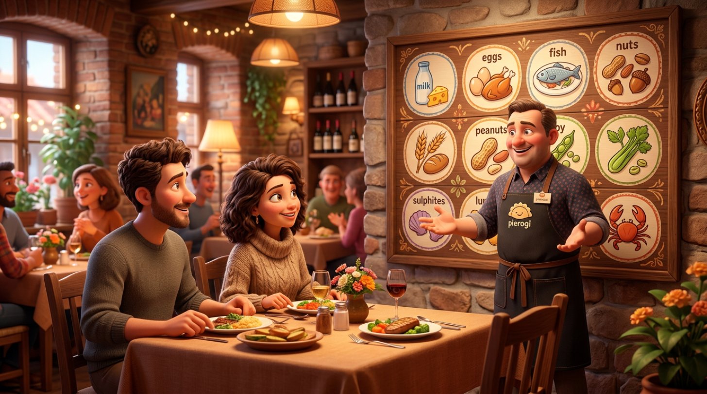 Ilustracja uśmiechniętego restauratora objaśniającego dwojgu gościom przy stoliku tablicę z piktogramami czternastu alergenów pokarmowych
