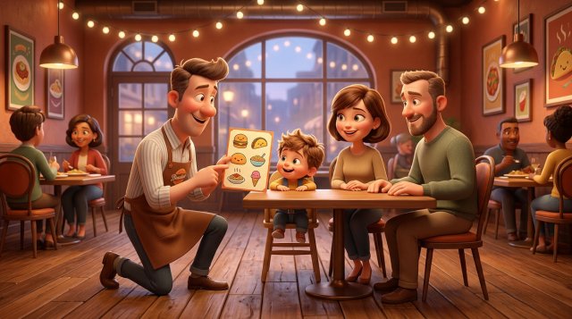 メニューのアレルゲン一覧を指しながら家族連れに説明するホールスタッフのイラスト