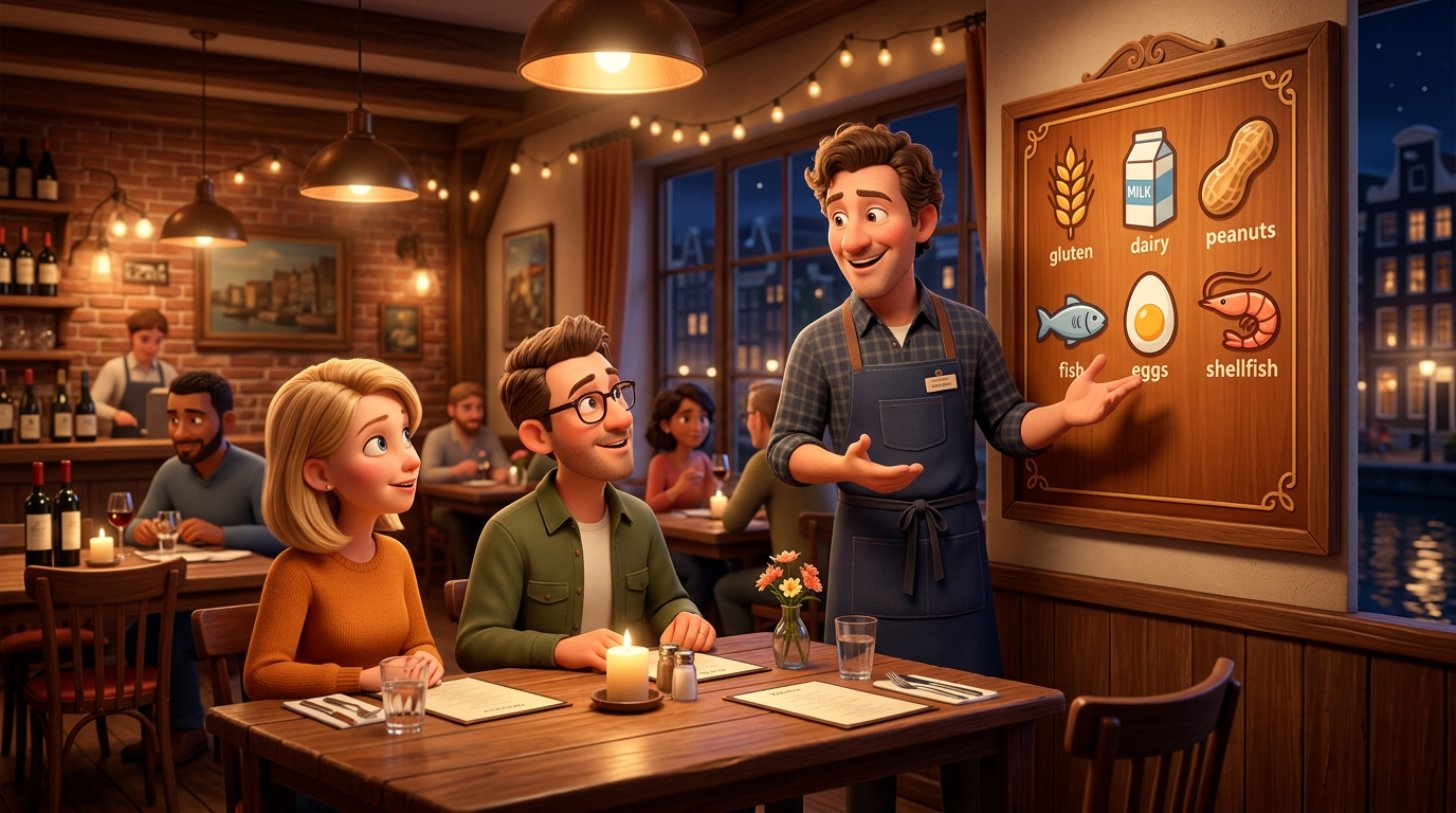 Illustratie van een restauranthouder die twee gasten aan tafel een overzichtsbord met pictogrammen van de veertien allergenen uitlegt