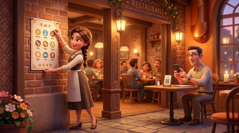 Serveerster hangt een allergenenoverzicht naast de ingang van een restaurant terwijl een gast aan tafel een QR-code scant met zijn telefoon