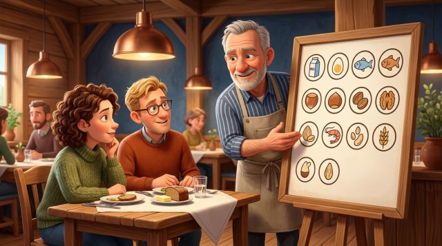 Illustration av en krögare som visar en skylt med piktogram för de fjorton allergenerna för två gäster vid ett dukat restaurangbord