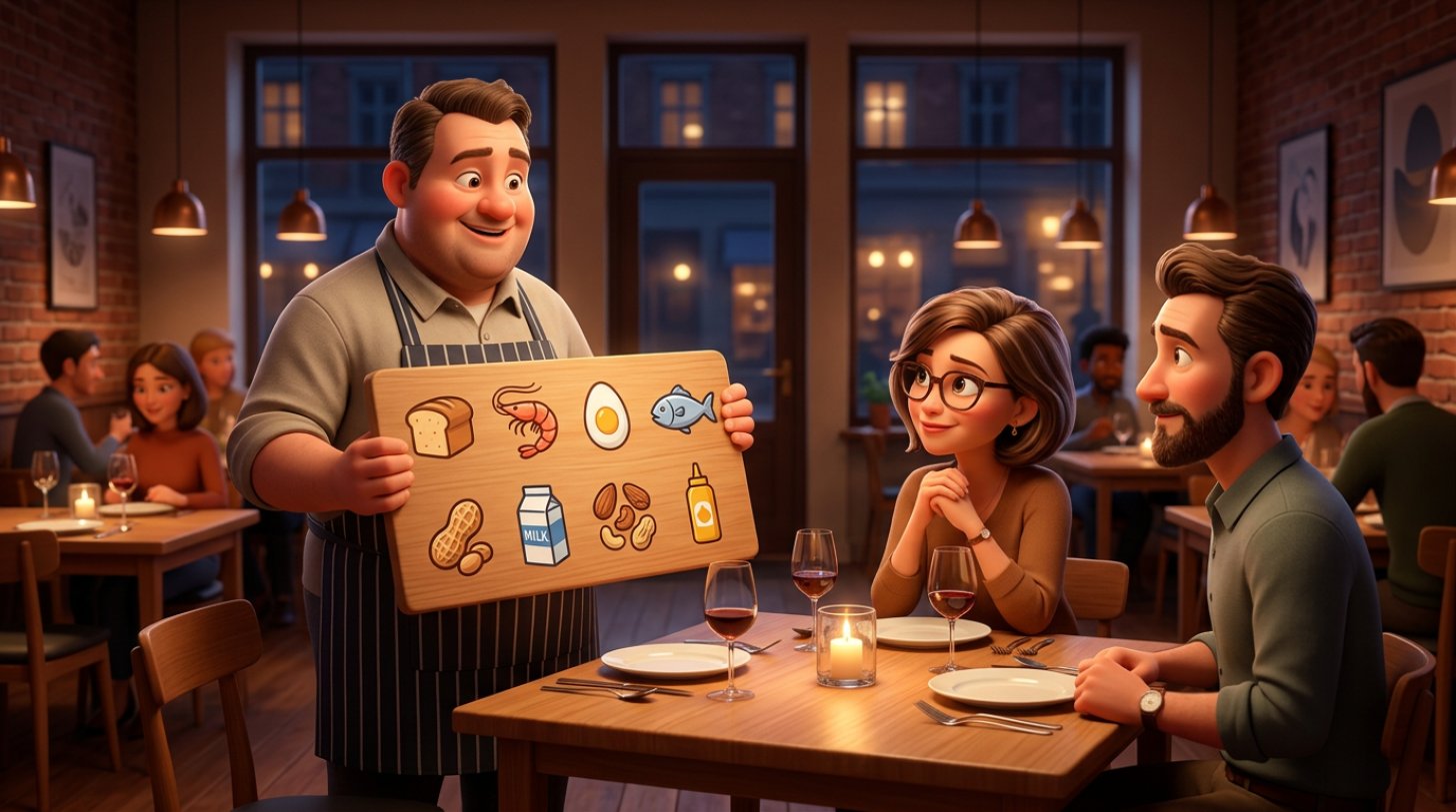 Illustration af en restauratør, der viser et skilt med piktogrammer for de fjorten allergener til to gæster ved et dækket restaurantbord
