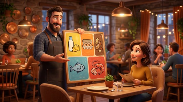 Illustration d'un restaurateur souriant présentant l'affiche des allergènes de sa carte à une cliente attablée, pictogrammes d'aliments visibles sur le panneau