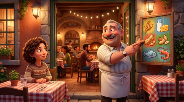 Illustrazione di un ristoratore sorridente che indica il cartello degli allergeni all'ingresso della sua trattoria a una cliente seduta, con pittogrammi di alimenti ben visibili
