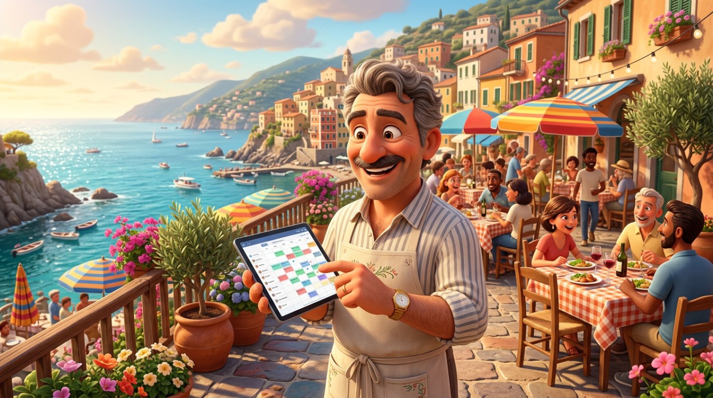 Illustrazione di un ristoratore italiano sorridente sulla terrazza affollata di una trattoria sul mare, con il calendario delle prenotazioni pieno sul tablet e ombrelloni colorati sullo sfondo