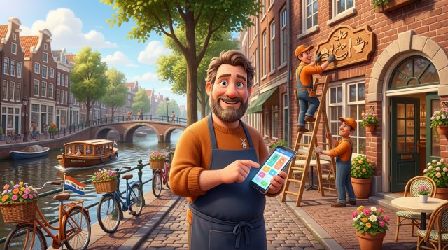 Restauranthouder met tablet vol reserveringen voor zijn Amsterdamse grachtenpand, terwijl twee monteurs het oude gevelbord vervangen door een nieuw