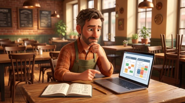 Restauranthouder vergelijkt aan de bar twee tablets: een vol dashboard naast een eenvoudige reserveringskalender
