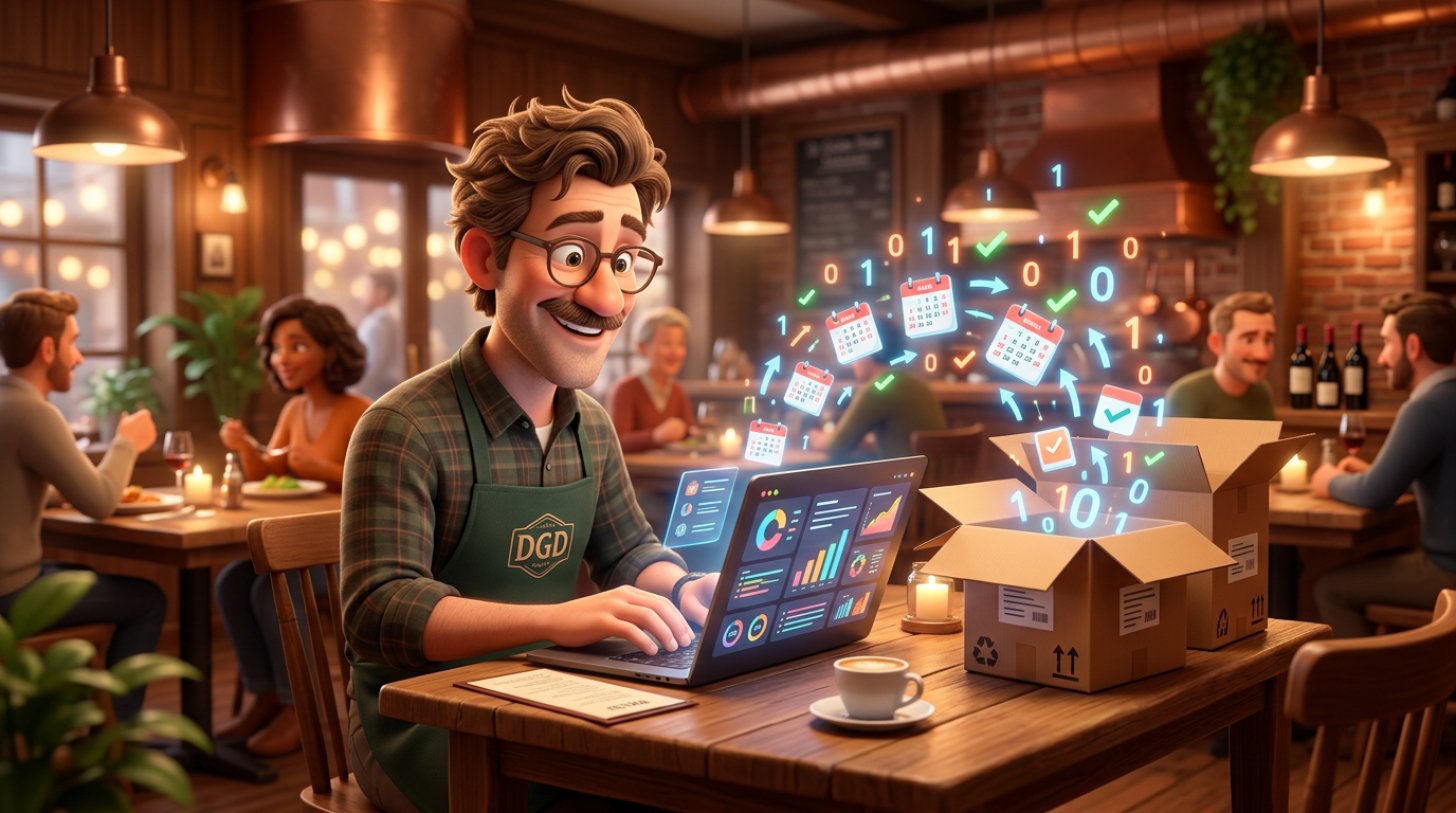 Vlaamse restaurantuitbater zet aan zijn laptop reservatiegegevens over naar een nieuw systeem, met verhuisdozen vol datasymbolen naast zich