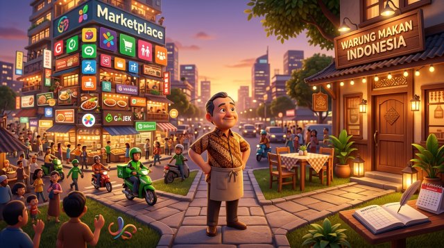 Ilustrasi 3D pemilik restoran Indonesia di persimpangan dua jalan, satu menuju gedung marketplace ramai dan satu menuju pintu restorannya sendiri