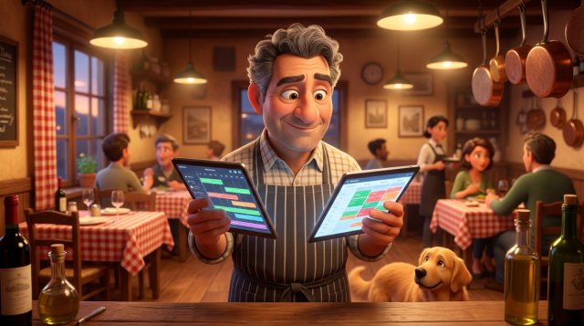 Ristoratore italiano dietro il bancone della sua trattoria che confronta due tablet con agende di prenotazioni diverse