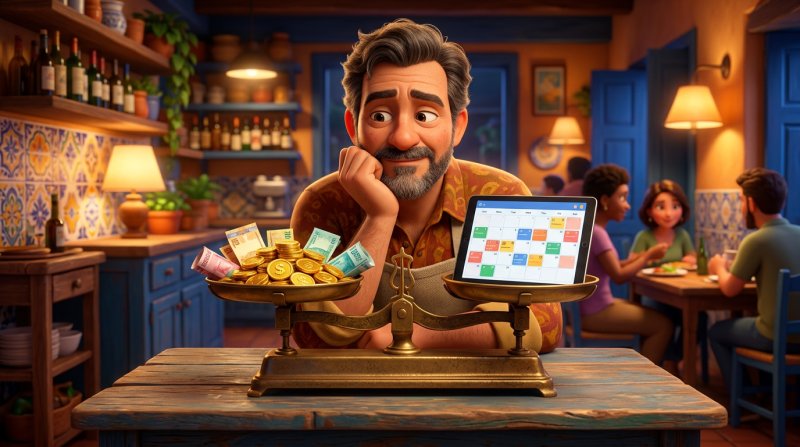 Balança sobre a mesa de um restaurante brasileiro, com moedas e notas de real de um lado e um tablet com calendário de reservas do outro, observada por um restaurador pensativo