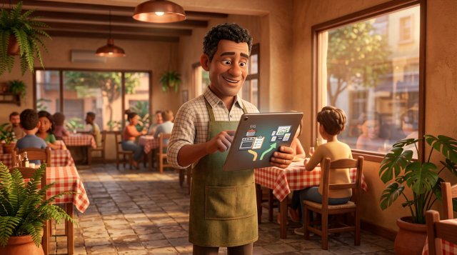 Dono de restaurante brasileiro comparando dois aplicativos de reserva em um tablet, no salão do seu restaurante