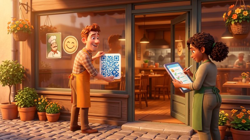 Restaurator lipește dimineața un cod QR nou pe vitrina localului, în timp ce o colegă bifează pașii migrării pe o tabletă