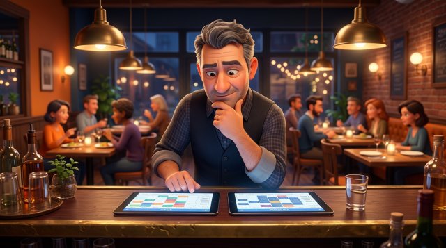 Restaurator gânditor care compară seara, la barul restaurantului, două calendare de rezervări afișate pe două tablete