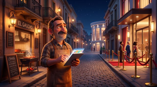 Restaurador argentino con delantal frente a su parrilla de barrio, tableta con calendario de reservas en la mano, observando un restaurante exclusivo iluminado en una calle nocturna de Buenos Aires