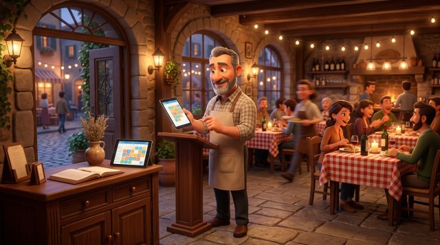 Ristoratore italiano pensieroso davanti alla sua trattoria che confronta due tablet con calendari di prenotazioni