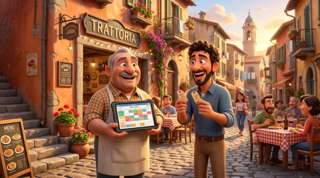 Due ristoratori italiani sorridenti davanti ai loro locali, uno con un tablet che mostra l'agenda delle prenotazioni piena, l'altro mentre confronta i cartellini dei prezzi
