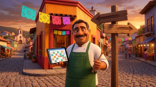 Restaurantero mexicano sonriente con delantal frente a su local decorado con papel picado, sosteniendo una tableta con la agenda de reservas llena, ante dos señales que apuntan a caminos opuestos
