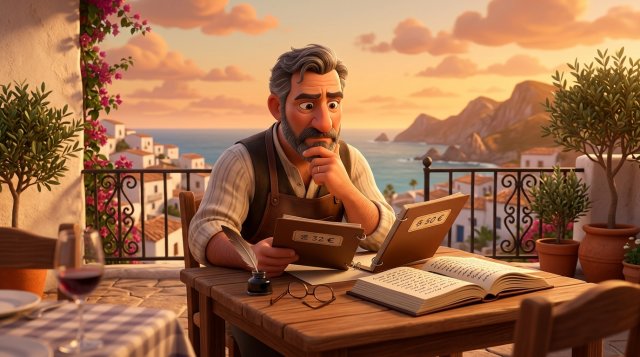 Restaurador español pensativo en la terraza de su restaurante, comparando dos carpetas de precios junto a una agenda de reservas llena