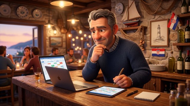 Zamišljeni ugostitelj za šankom uspoređuje dva rezervacijska kalendara na laptopu i tabletu