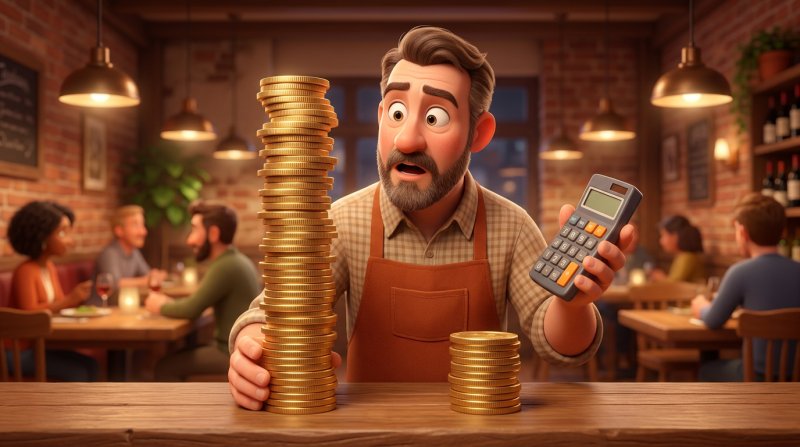 Restaurador com uma calculadora a comparar duas pilhas de moedas de tamanhos muito diferentes no balcão do restaurante