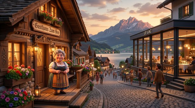 Gastwirtin eines gemütlichen Wirtshauses vor ihrer Tür, gegenüber ein elegantes Fine-Dining-Restaurant mit Blick auf einen Schweizer See