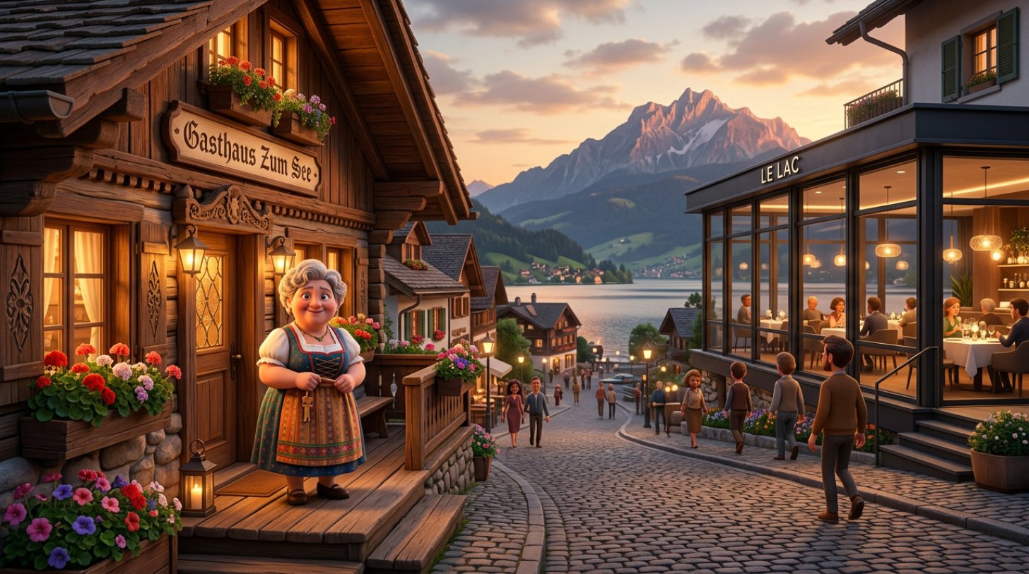 Gastwirtin eines gemütlichen Wirtshauses vor ihrer Tür, gegenüber ein elegantes Fine-Dining-Restaurant mit Blick auf einen Schweizer See