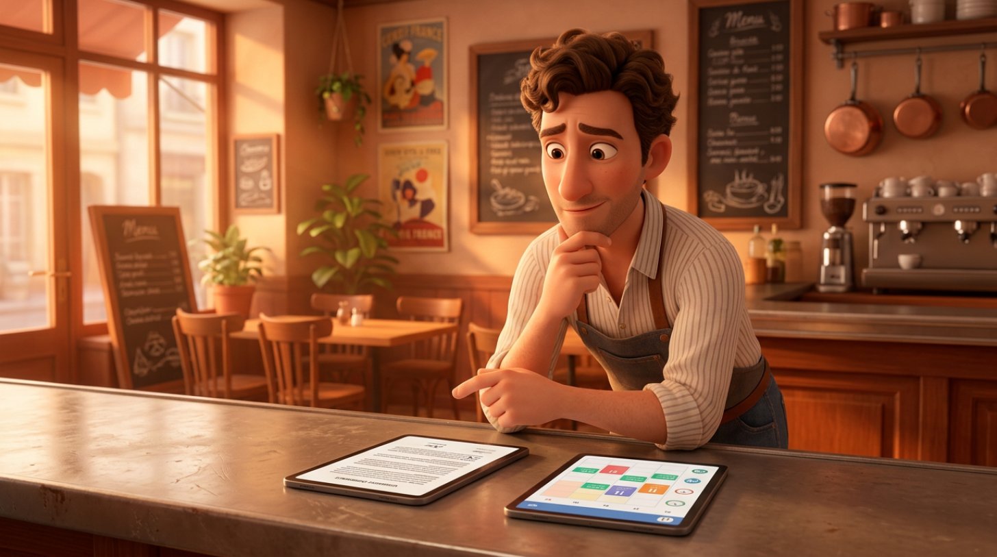Jeune restaurateur derrière le comptoir en zinc de son bistrot, comparant deux tablettes, l'une affichant un long contrat et l'autre un simple calendrier de réservations