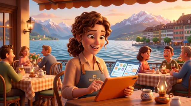 Gastgeberin auf der Terrasse ihres Restaurants am Zürichsee, die auf einem Tablet zwei Reservationssysteme vergleicht, im Hintergrund See und Berge